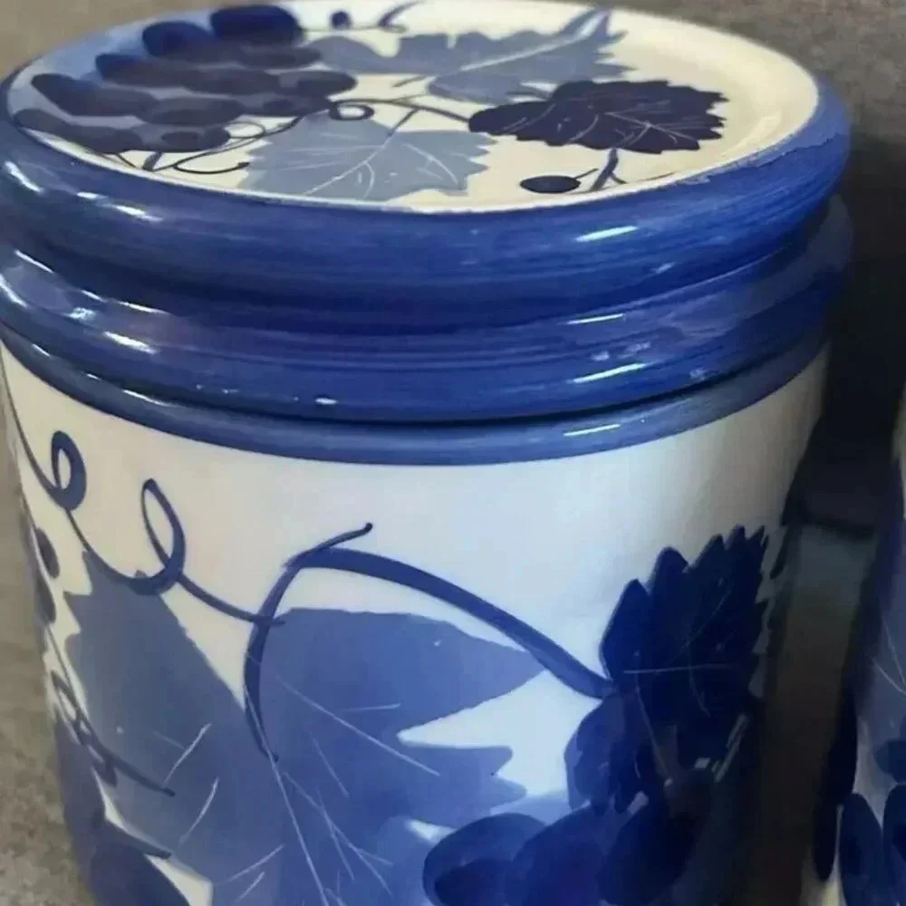 Pair of Hand Painted Blue & White Grapes & Vines Canisters + Lid